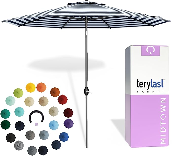 Midtown Umbrellas - 10-Year-No-Fade 6 Ft Patio Umbrella with Terylast Fabric, Auto-Tilt Aluminum Frame and 8 Reinforced Ribs for Deck, Pool, Garden & Beach - Navy/White Stripe Canopy, Black Pole