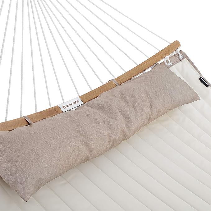 SONGMICS Hammock, Quilted Hammock with Curved Bamboo Spreaders, Pillow, 78.7 x 55.1 Inches, Portable Padded Hammock Holds up to 495 lb, Cream and Beige UGDC34BE