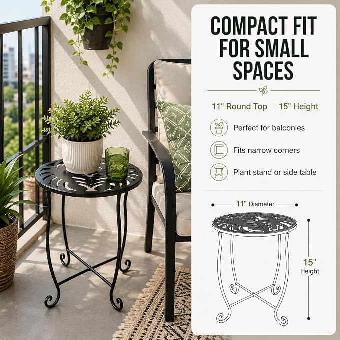Outdoor Side Tables 2 Pack, 15" Height Tool-Free Metal Patio End Table with Monstera Pattern, Compact Space Saving Plant Stand for Balcony Porch Deck, Weather Resistant, Black