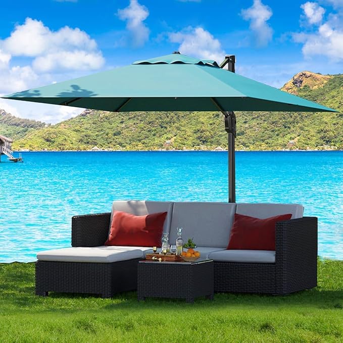 GarveeLife Large Cantilever Patio Umbrella, 10 ft X 10 ft Heavy Duty Aluminum Cantilever Offset Outdoor Umbrella with 360-Degree Rotation for Backyard, Deck, Pool (Turquoise Blue)