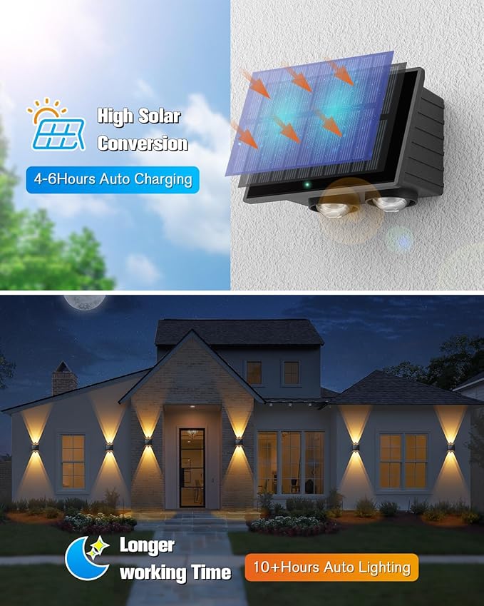VOLISUN Solar Fence Lights 12 Pack, Color Glow LED Up and Down Wall Lights, IP65 Waterproof Solar Lights Outdoor for Patio, Backyard, Railing, Deck, Fence and Wall (4 Lenses)