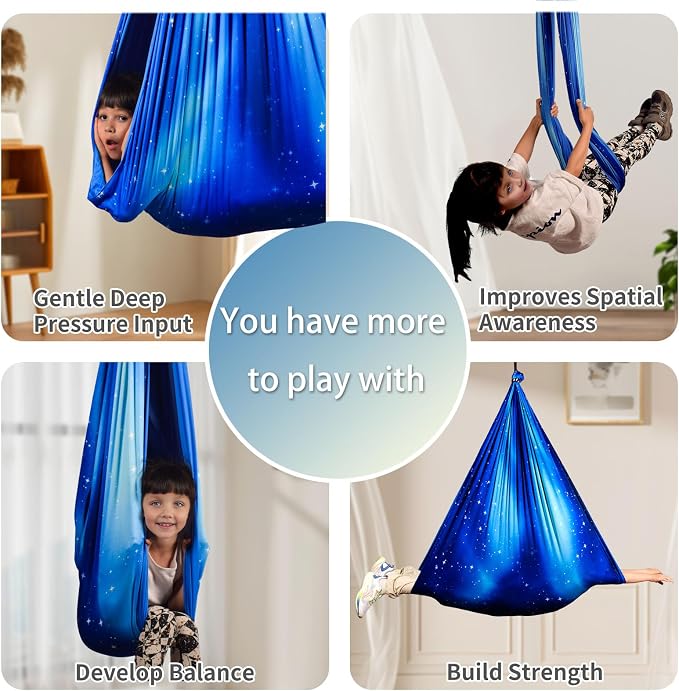 Sensory Swing for Kids Indoor/Outdoor Double Layer Therapy Cuddle Swing with 360 Swivel Hanger Kit - Adjustable for Child & Adult with Aspergers/Autism (Star Blue)