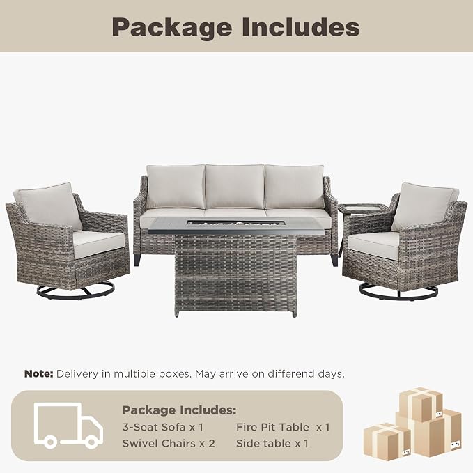 Belord Patio Wicker Swivel Rocker Patio Chairs with 3-Seater Sofa,Outdoor Furniture Set for Deck Porch Garden, 5 Piece Patio Conversation Furniture Set,Beige