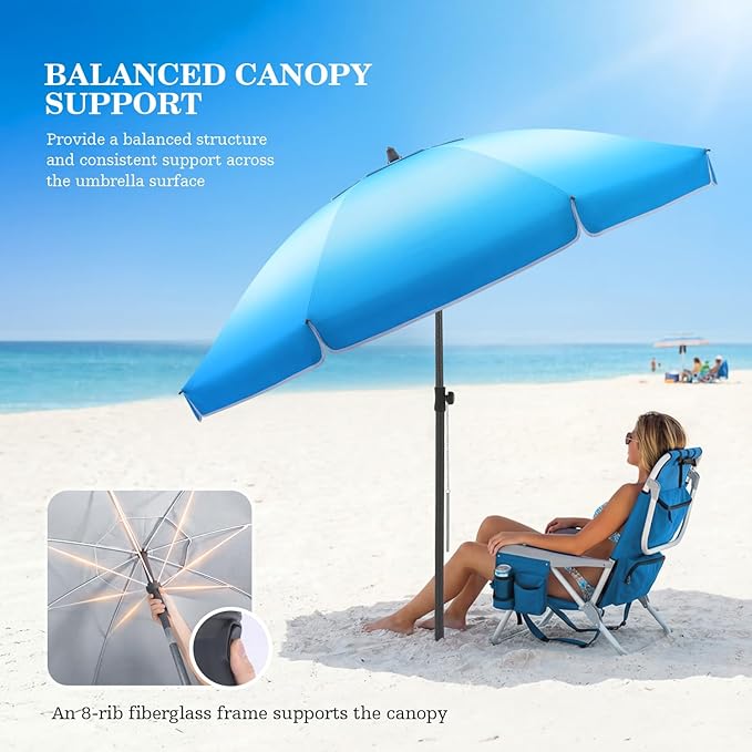 UIRWAY Beach Umbrella, Heavy Duty Windproof Beach Umbrellas with Sand Anchor & Tilt, Sun Protection Portable Beach Umbrella with Carrying Bag for Beach, Patio Garden Pool Outdoor