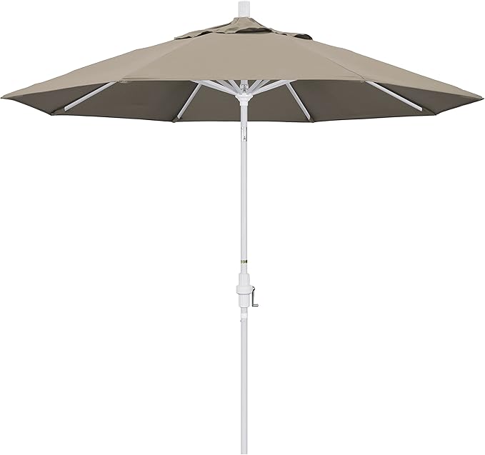 California Umbrella 9' Round Aluminum Market Umbrella, Crank Lift, Collar Tilt, White Pole, Pacifica Pacific Blue