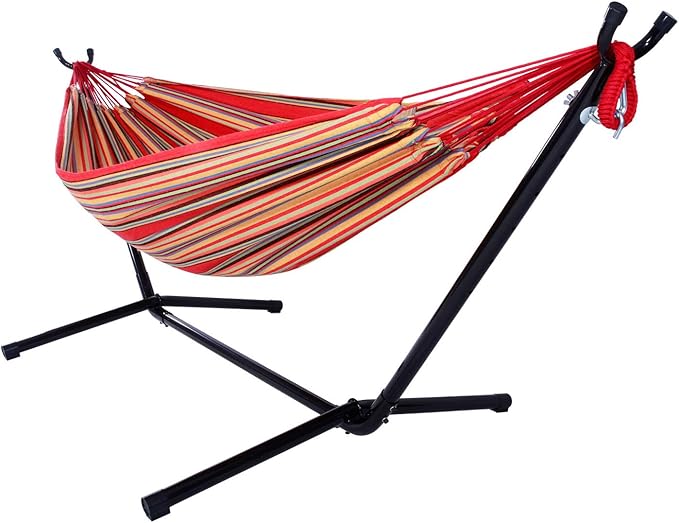 Outdoor Polyester Hammock Set，Portable Hammock with Heavys-Duty Steel Stand – 250LBS Capacity, Hammock Set for Outdoors, Patio, Garden, and Camping – Includes Carrying Bag, & Adjustable Hooks(Red)