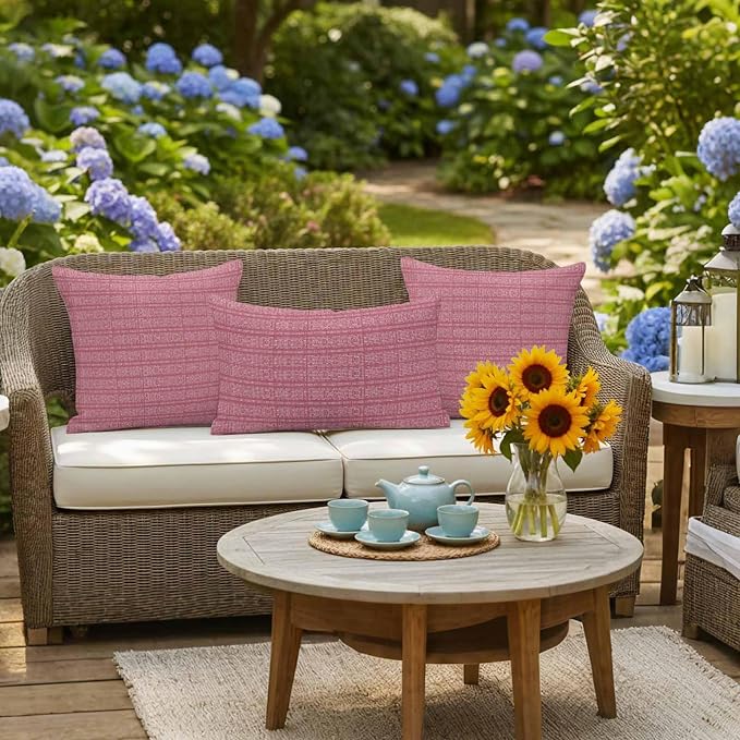 Outdoor Waterproof Throw Pillow Covers Set of 2 Pink Stripes Grain Pillowcases 18x18 Inches Solid Color Decorative Pillows Cushion Case Patio Pillows for Couch Bed Chair Garden