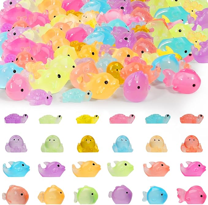 Mini Resin Ocean Animals to Hide 72 PCS Luminous Tiny Miniature Figurines Bulk Glow in The Dark Include Little Octopus Small Turtle Dolphin Fish for Aquarium Garden Micro Landscape