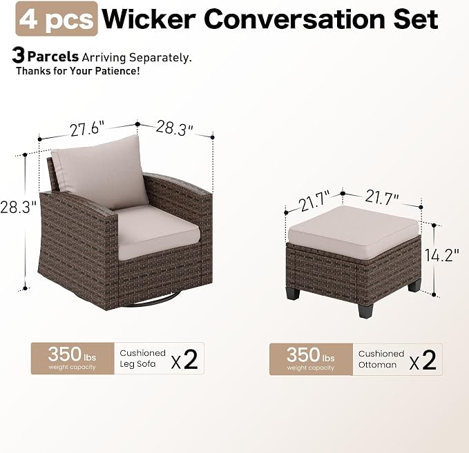 SUNSHINE VALLEY 4-Piece Patio Furniture Set with Swivel Chairs, Rattan Wicker Outdoor Furniture with 2 Swivel Glider Chairs and 2 Ottomans, Outdoor Lounge for Small Patio, All-Weather Design, Beige