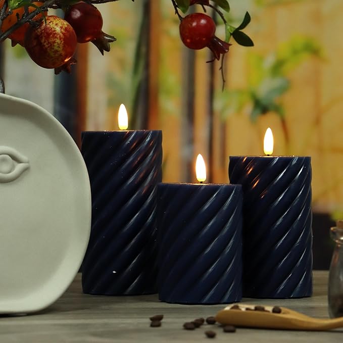 Battery Operated Flameless LED Candles with Remote Timer Real Wax Pillar Candles Electric Flickering decorative Navy Blue Wax Candles for Home Wedding Party Centerpiece Xmas Decor 3 PCS 3”X 4”, 5”, 6”