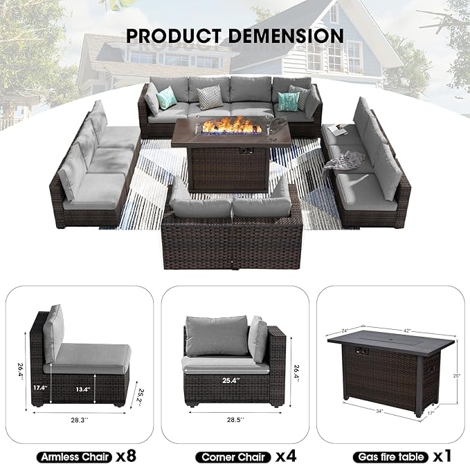 13 Piece Patio Furniture Set with Fire Pit Table All Weather PE Rattan Outdoor Sectional Sofa Couch with No-Slip Cushions for Garden, Poolside, Backyard (Grey)