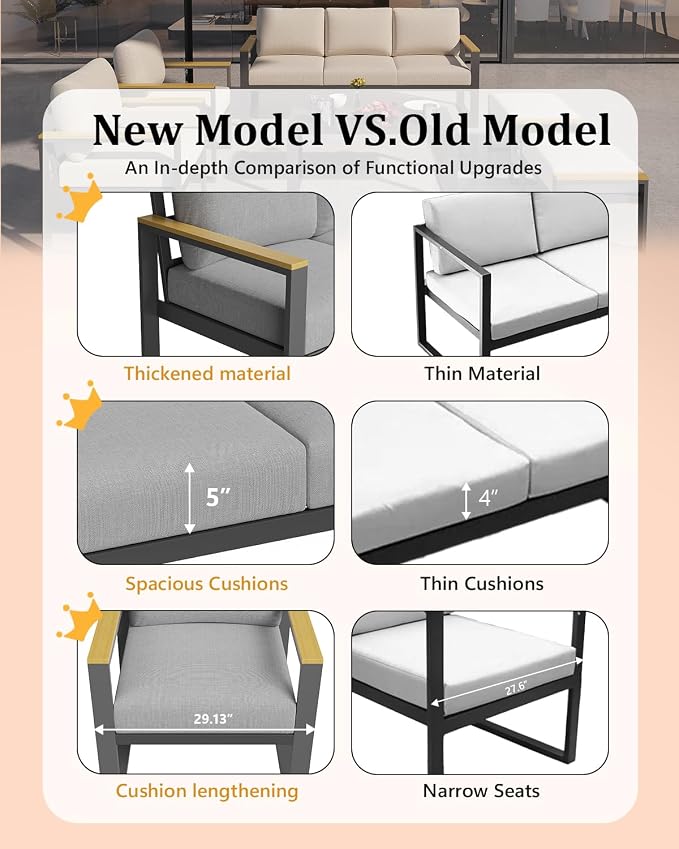 Garvee Aluminum Outdoor Patio Furniture Set with Coffee Table | 5 Piece Patio Conversation Sets with Washable Thick Cushions, Outdoor Sectional Furniture Set for Porch, Balcony, Deck, Yard,