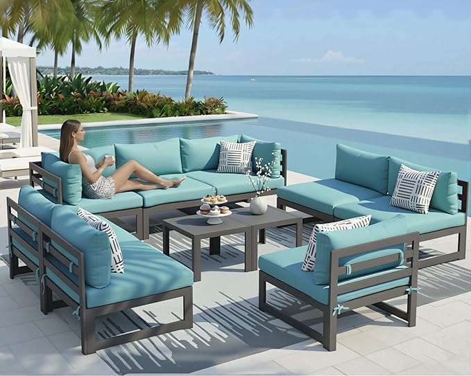 NICESOUL 8 Person Modern Aluminum Patio Furniture Set, 500 lbs Heavy Duty Sturdy Outdoor Sectional Sofa, 29" Deep Wide Large Seating, L Shaped Modular Conversation Couch for Garden Backyard, Turquoise