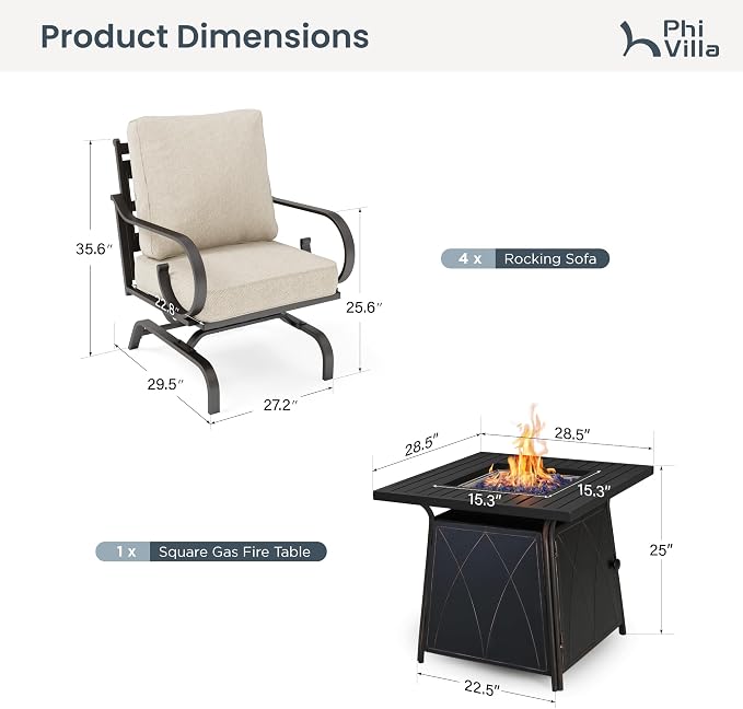 PHI VILLA Patio Furniture Set, 4 Rocking Chairs and a 28" Square Fire Pit Table, Outdoor Metal Conversation Set with 5.75" Extra Thick Cushion for Garden Backyard Deck, Beige