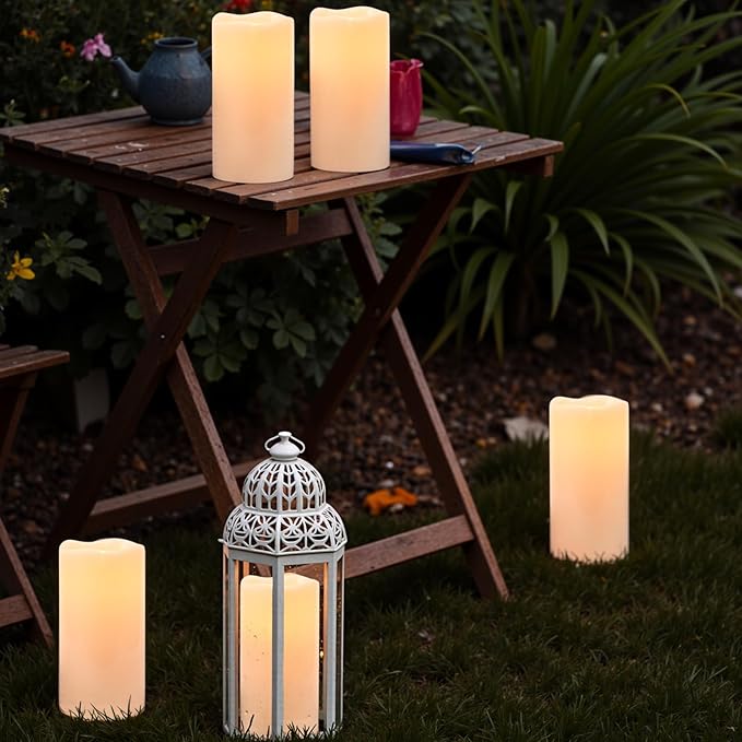 Outdoor Indoor Waterproof Flameless Candles Flickering with Remote Timer, White LED Pillar Candles Battery Operated Pack of 2, Long Lasting Electric Candles Lanterns Cream Φ 4" H 8” 8”