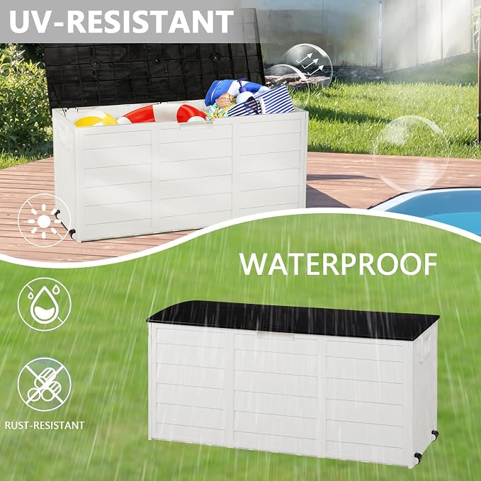 75 Gallon Outdoor Storage Box,Waterproof Deck Box with Lockable Lid&Wheels,Easy-open Outdoor Storage Bench with Handles for Garden,Pool,Balcony (White)