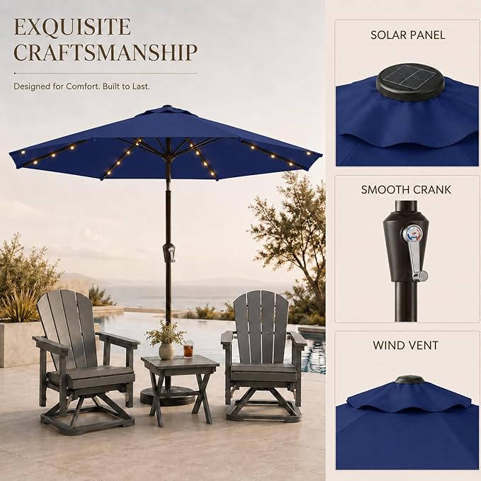 11FT Solar Lighted Patio Umbrella, Outdoor Table Market Umbrellas with Crank Lift, 32 LED Lights, 8 Sturdy Ribs, UV-Resistant for Deck, Garden, Pool