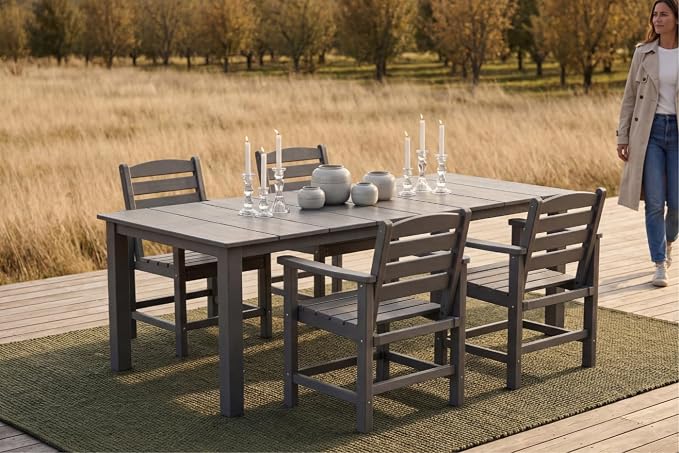 Perli™ 5-Piece Outdoor Dining Set, All-Weather HDPE Patio Furniture with 4 Armrest Chairs and Rectangular Table, UV-Resistant 4-Person Set for Deck, Backyard, Grey