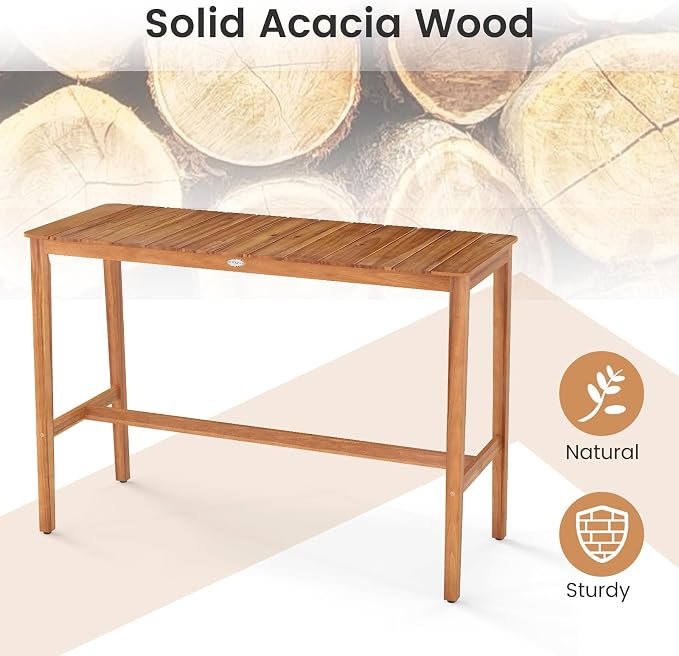 HAPPYGRILL Acacia Wood Outdoor Bar Table 55 Inch, Rectangular Pub Table with Slatted Top and Adjustable Foot Pads, for Hot Tub, Balcony, Garden and Poolside