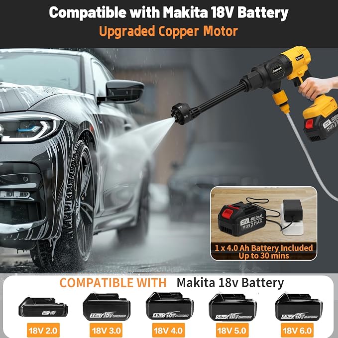 Cordless Car Cleaner Tool Compatible with Makita 18V Battery with Rechargeable 4.0Ah Battery & 6-in-1 Nozzle for Car/Fence/Floor/Patio