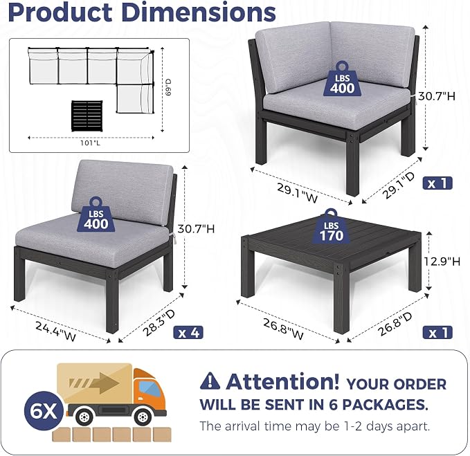 Modular Outdoor Patio Conversation Set, 6-Piece L-Shaped Sectional Sofa Set with Coffee Tables & Thick Cushions, Easy Side Interlock, HIPS All-Weather Patio Furniture Set for Backyard, Deck, Poolside