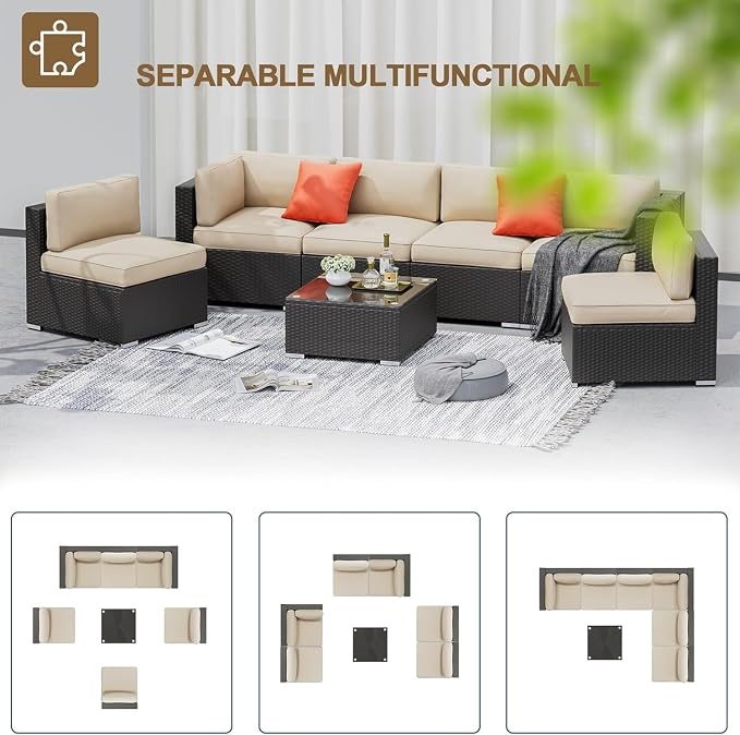 7 Piece Outdoor Sectional Sofa Patio Furniture Set Wicker with Cushions and Coffee Table, Outdoor Conversation Set for Backyard Garden Deck Lounge(Blue2)