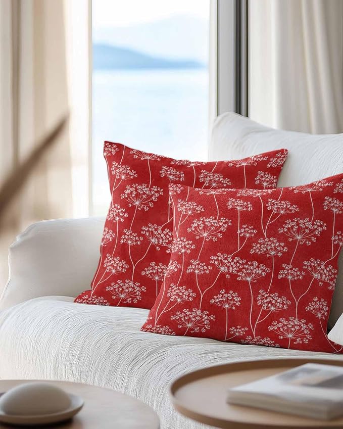 Outdoor Waterproof Throw Pillows 16x16in, Pastoral Wildflowers Dandelion Patio Pillows Pack of 2,Decorative Pillow Covers with Insert,Pillow Cushion Case for Garden Couch Sofa Vibrant Red Background