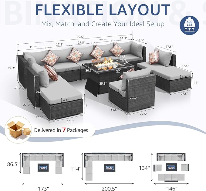 NICESOUL 11 Piece Outdoor Furniture Set with Fireplace, Luxury Big 10-Seats Patio Sectional, 29.3'' High-Back Backyard Seating Comfy, All-Weather Wicker Couch Sets for Outside, Deck, Light Grey