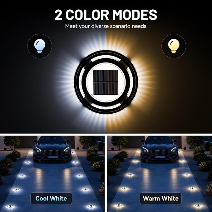 Solar Driveway Lights, 8 Pack Heavy Duty Driveway Lights Solar Powered 2 Color Mode (Cool/Warm White) IP68 Waterproof Outdoor Solar Deck Lights with Ground Stake for Pathway Garden Yard Walkway Dock