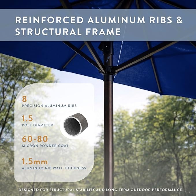 California Umbrella 12-Year Protection 9-Ft Outdoor Patio Umbrella, Sunbrella Fade-Resistant Fabric, Auto-Tilt, Heavy Duty Aluminum Frame, 8 Reinforced Ribs for Pool or Deck, Bronze Pole, True Blue