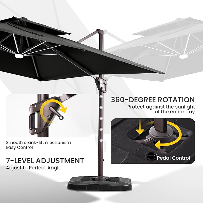 10x10 FT Cantilever Patio Umbrella with Base and Led Lights Double Top Outdoor Square Large Heavy Duty Aluminum Offset Umbrellas with 7 Level Tilt 360-degree Rotation for Pool Garden Deck, Black