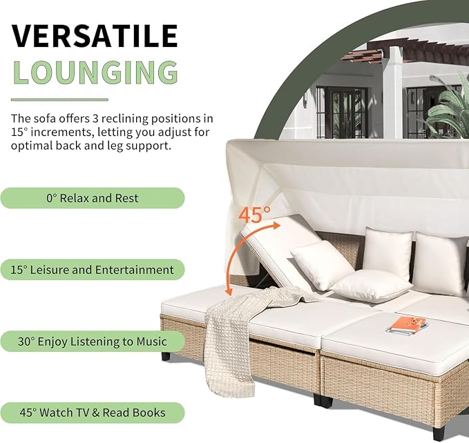 4 Piece Outdoor Patio Furniture Set Featuring Retractable Canopy Daybed, Adjustable Backrest Sectional Sofa and Chaise Chair Sunbed for Garden Poolside Backyard Lounge Area