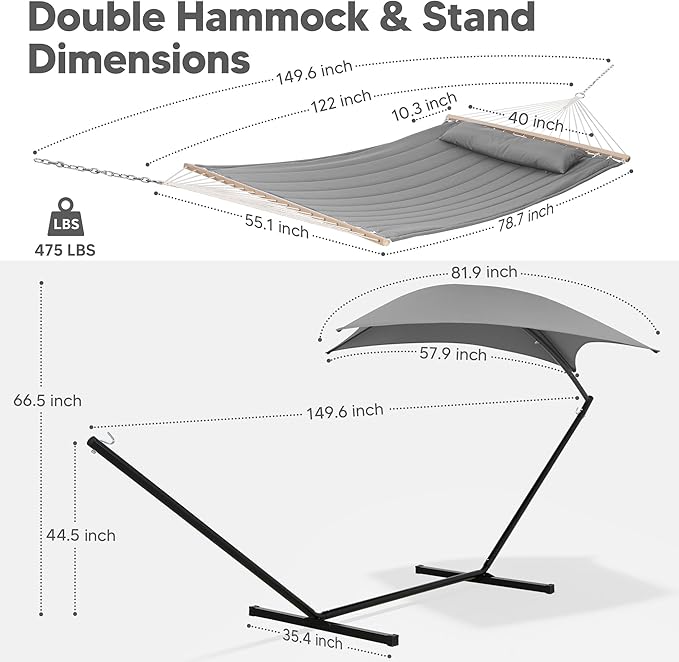 SUNCREAT Hammocks for Outside with Stand, Porch Hammock and Stand, 475 lbs Capacity, Patent Pending, Light Gray