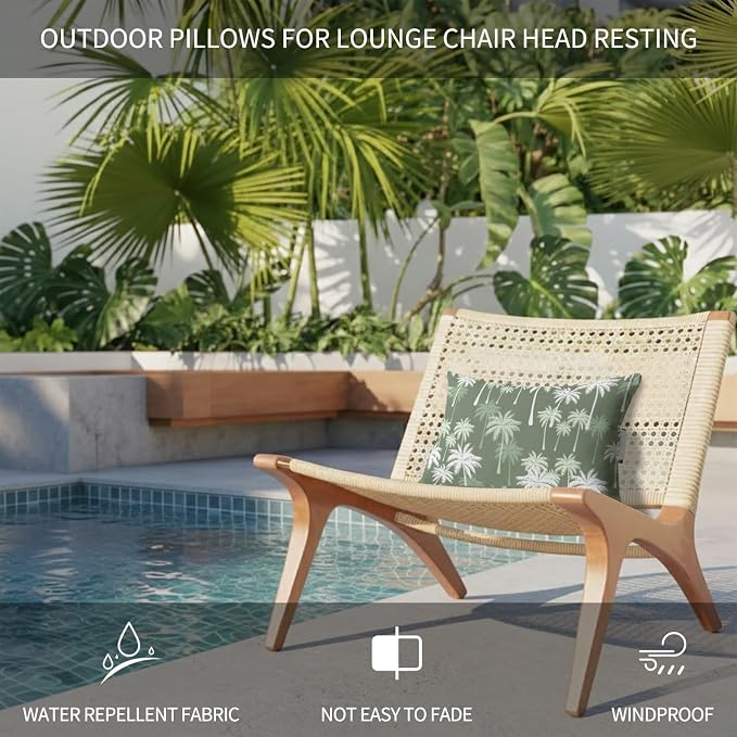 Tropical Palm Tree Outdoor Pillows for Chaise Lounge Chair Beach Headrest Pillow Set of 2 Waterproof Lumbar Pillows with Insert&Strap Olive Green Plants Coastal Leaf Beach Pool Pillow 11"x16"