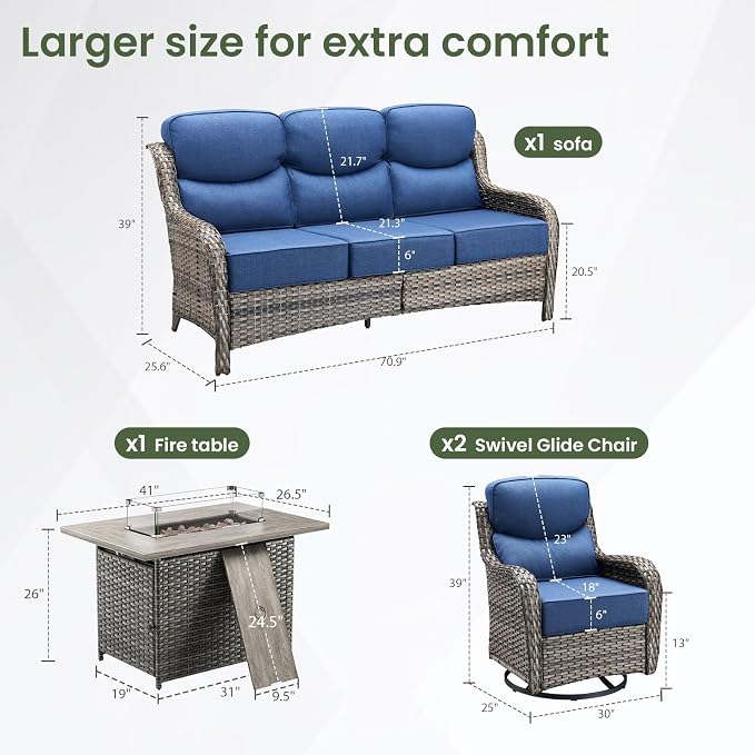 Luxury Patio Furniture Set with 6-inch Thick Cushion, Outdoor Furniture with Fire Pit Table, Swivel Chairs, Sofa, 4pcs Wicker Conversation Set for Deck Yard and Poolside Grey Wicker | Blue Cushion