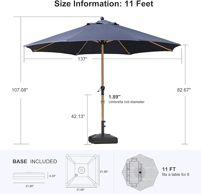 PURPLE LEAF 11 Feet Patio Umbrella with Base Outdoor Umbrella Round Market Umbrella with Crank & 8 Ribs Commercial Aluminum Table Umbrella for Outdoor Garden, Navy Blue