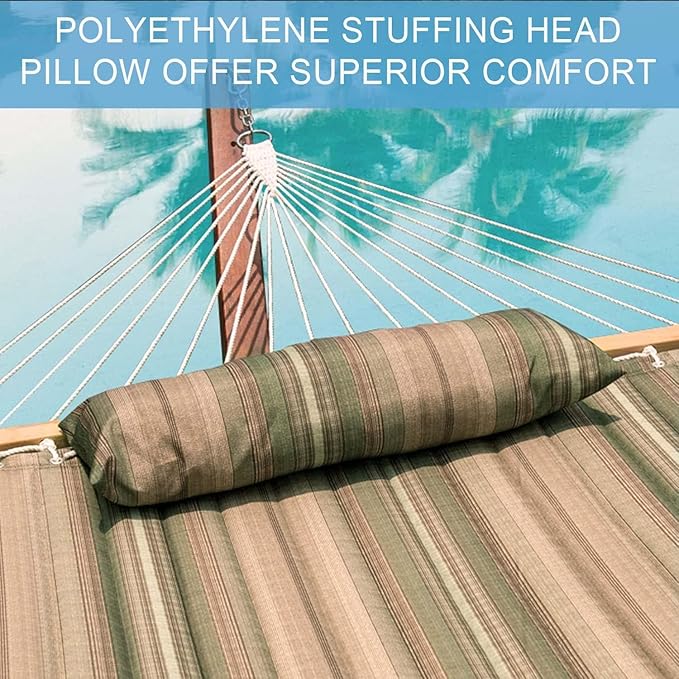 Lazy Daze 12 FT Quilted Fabric Double Hammock with Spreader Bars and Detachable Pillow, 2 Person Hammock for Outdoor Patio Backyard Poolside, 450 LBS Weight Capacity, Mixed Green & Brown Stripe