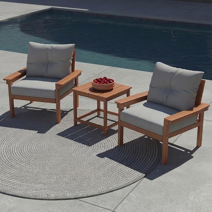 3 Piece HDPE Outdoor Patio Furniture Set, All-Weather 2 Armchairs with Side Table, Patio Conversation Set with Washable Thick Cushion for Balcony/Porch/Backyard, Teak