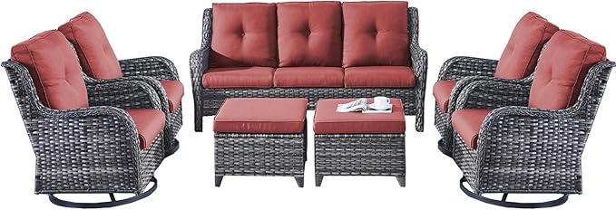 Rilyson Patio Furniture Swivel Chairs Set - 7 Piece Wicker Rattan Outdoor Sectional Conversation Sets with 4 Swivel Rocking Chairs,2 Ottomans and 1 Sofa for Porch Deck Garden(Mixed Grey/Red)