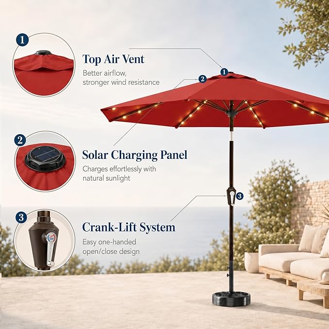 10FT Solar Patio Umbrella with Lights, Outdoor Table Market Umbrella with 32 LED Lights, 8 Sturdy Ribs, Push Button Tilt and Crank for Pool, Deck and Garden, UV-Resistant
