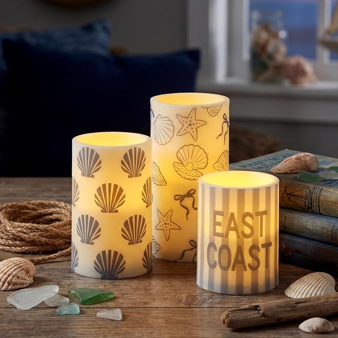 Baquler 3 Pcs Seashell Last Toast on The Coast Bachelorette Decorations East Coast Flameless Candles Bow Starfish and Seashell Flickering Candles with Remote Battery Operated LED Home Decorations