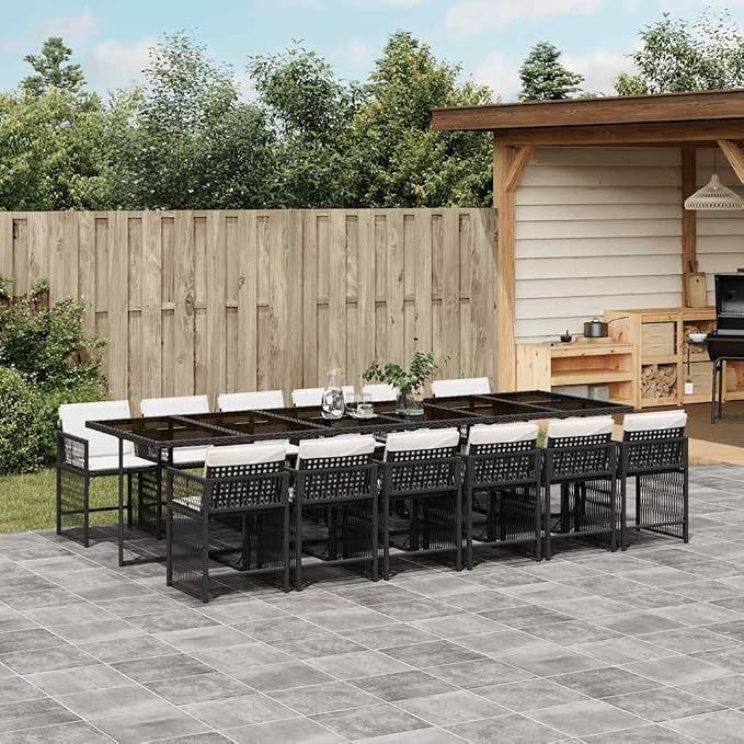 13 Piece Garden Dining Set with 12 Chairs and Large Rectangular Tempered Glass Table, Black Synthetic Rattan Outdoor Furniture for Backyard Patio and Deck, Cream White