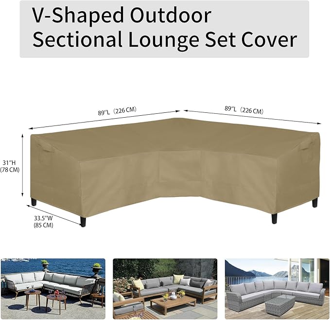 Easy-Going 600D Patio V-Shaped Sectional Sofa Cover, Waterproof Outdoor Sectional Cover,Heavy Duty Garden Furniture Cover with Air Vent 89" L (on Each Side) x 33.5" D x 31" H, Camel