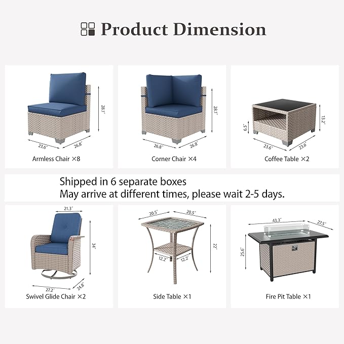 18 Pieces Patio Furniture Set with Fire Pit Table, Outdoor Sectional Wicker Sofa with Thick Cushions, High Back Swivel Rocker Patio Chairs, Rattan Conversation Set with Coffee Table, Navy
