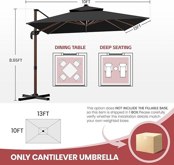 GENTEACO 10x13FT Wood Pattern Cantilever Patio Umbrella, Double Top Rectangle Offset Umbrella 7 Angle Tilts & 360° Rotation, Large Heavy Duty Outdoor Sun Umbrella for Pool Market, Black