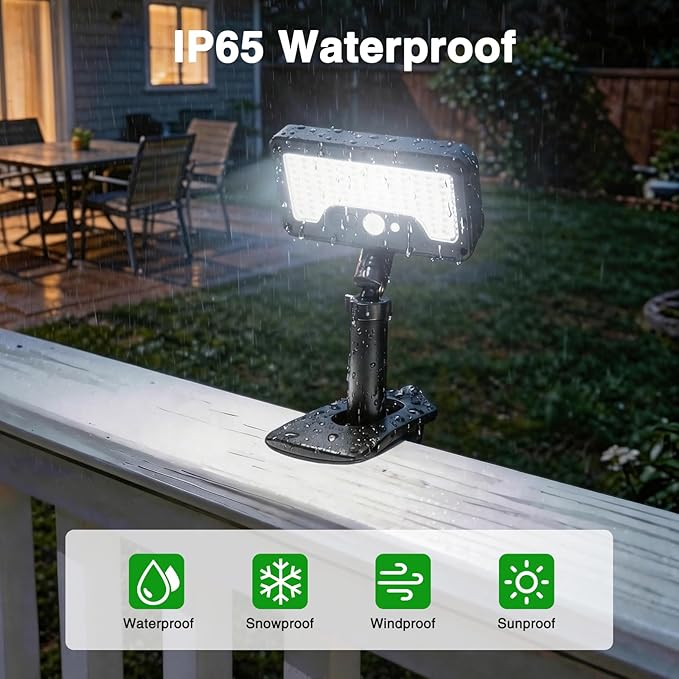 iMaihom Clip On Solar Lights Outdoor with Motion Sensor, 92 LED 600LM Solar Fence Lights, Warm/Neutral/Cool White, 360° Adjustable, IP65 Waterproof Security Light for Deck, Gutter, Porch (2, Black)