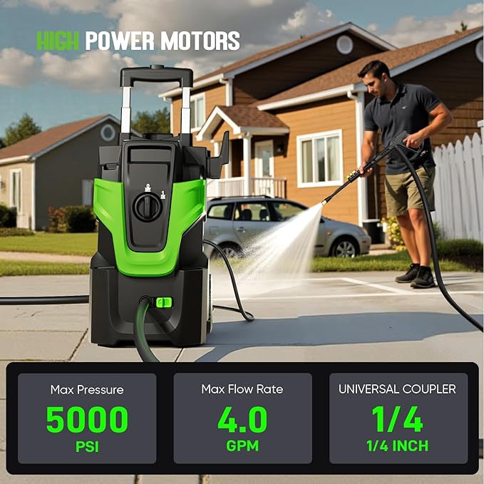 Heavy Duty MAX5000 PSI Pressure Washer, 3-Speed Adjustable Power Washer with 2-Stage Pull Rod, 4 Nozzles, Foam Cannon & 500ml Soap Bottle for Car, Home & Outdoor Cleaning,Green