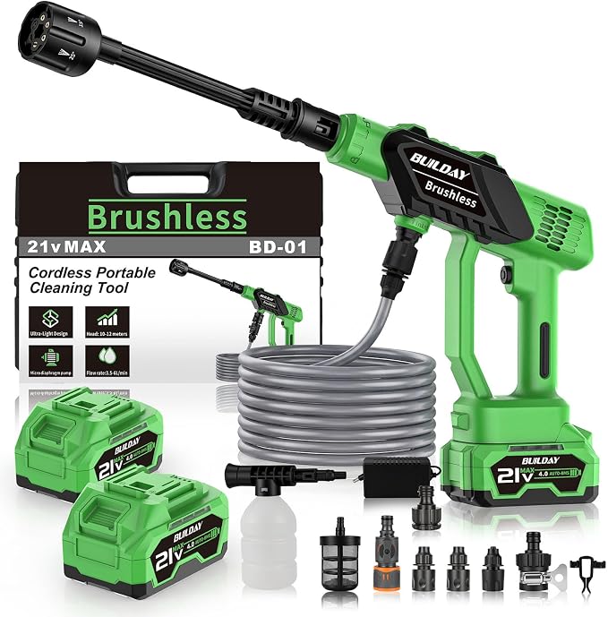 Cordless Portable Cleaning Tool with 2×4000mAh Batteries & Power Display, 6-in-1 Nozzle & 16.4FT Hose – Lightweight Handheld Power Cleaner for Car, Driveway, Garden, Patio, Fence