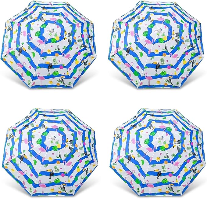 PMU 4 Pcs 6ft Tropical Beach Umbrella – Blue & White Stripes with Flamingo, Toucan & Leaf Print, 72in Open, 160G Polyester, Large Outdoor Patio Pool Parasol Umbrella for Garden, Deck, Backyard & Pool