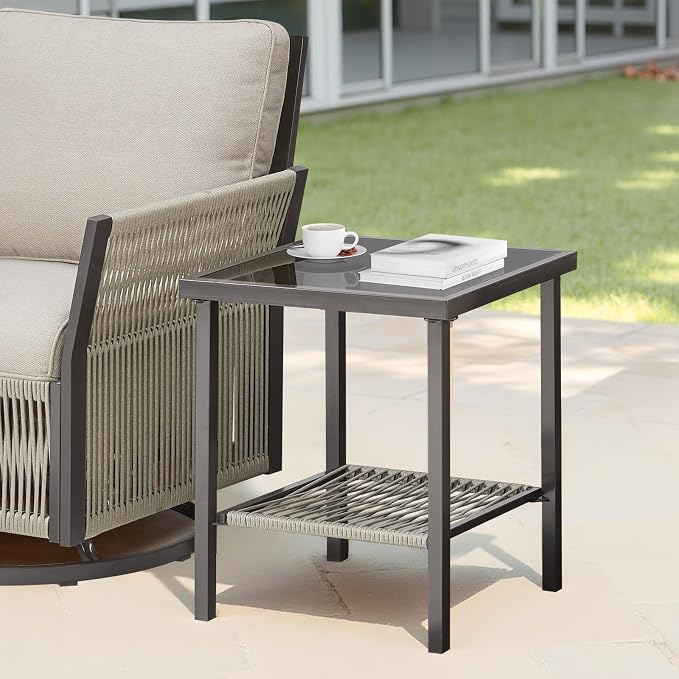 Patio Tables Wicker Side Table, Outdoor End Table with Storage Shelf, Patio Furniture Side Table for Sofa, Swivel Chairs, Garden, Balcony - Square